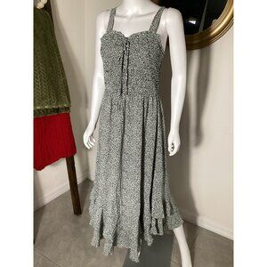 Grace Karin Green & White Smocked Sleeveless Midi Dress With Ruffle Hemline M